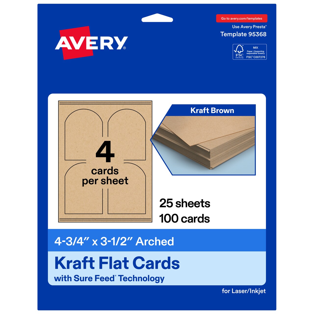 Avery Printable Arched Flat Cards, Sure Feed Technology, 4-3/4" x 3-1/2", Matte Kraft Brown Cardstock, Print-to-The-Edge, Laser/Inkjet Printable, 40 Total